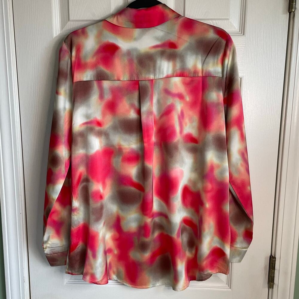 Jodifl Satin Blouse NEW Sz M Button Up Long Sleeves Watercolor Print Colorful - Picture 3 of 9